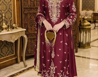 Maroon Embroidery Silk Kurti Set, Rainbow Sequin Palazzo Dupatta, Indian Festive Party Wear Women