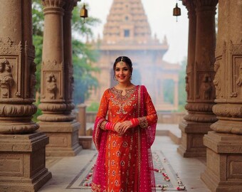 Bridal Pakistani Suit Orange Red | Embroidered Wedding Dress | Heavy Work Salwar Kameez | Mehndi Wear | Asian Bridal