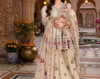Peplum Sharara Set 3Pc | Crepe Silk Embroidery, Readymade Indian Pakistani Ethnic Eid Wedding Party Wear Dupatta