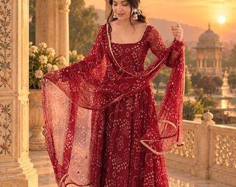 Anarkali Suit, Maroon Bandhani Print Gown, Mirror Work Dupatta 3 Piece Set, Wedding Party Wear, Gift for Her