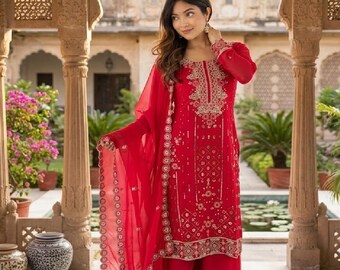 Red Georgette Palazzo Suit | Sequin Embroidered Indian Salwar Kameez | Party Wear Readymade 3 Piece Set with Dupatta