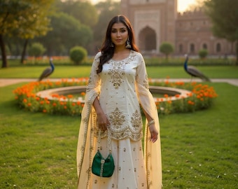 Luxury Ivory Pakistani Wedding Dress | Gold Embroidered Bridal Sharara Suit | 3 Piece Party Wear | Formal Gharara Set