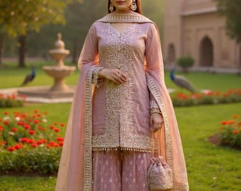 Dusty Pink Sharara Suit | Pakistani Embroidered 3-Piece Set | Wedding Guest Outfit | Salwar Kameez Dupatta | Indian Ethnic Wear for Women