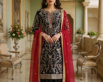 Pakistani Palazzo Suit Black Red Embroidered Salwar Kameez Party Wear Wedding Dress Ethnic Indian Designer Dupatta Set