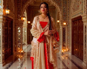 Red Beige Punjabi Suit Embroidered Salwar Kameez Wedding Pakistani Patiala Dress Women Indian Ethnic Party Wear