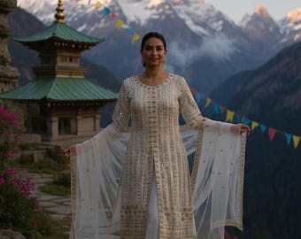 Ivory Embroidered Pakistani Salwar Kameez Set | Ethnic Suit 3 Piece Dupatta | Wedding Party Wear