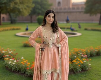 Designer Peach Salwar Kameez With Dupatta | Mirror Embroidery Party Wear | Indian Pakistani Wedding Suit | Festive Ethnic Wear Gift