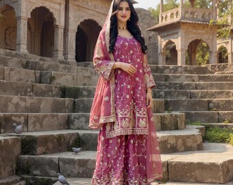 Pink Embroidered Pakistani Suit | Wedding Guest Dress | 3 Piece Luxury Formal | Bridal Partywear | Designer Salwar Kameez Set