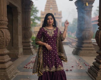 Purple Embroidered Gharara Suit - Pakistani Wedding Dress - Gold Sequin Georgette 3 Piece Set
