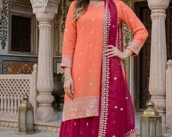 Indian Wedding Outfit Women | Peach Sharara 3 Piece Set | Georgette Sequin Embroidery Readymade Suit