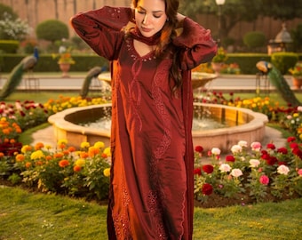 Maroon Satin Embroidered Kaftan | Luxury Modest Maxi Dress | South Asian Festive Ethnic Gown Women
