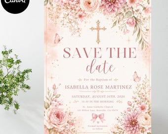SAVE The DATE Baptism Christening Pink Floral Invitation, Editable (Digital Template)