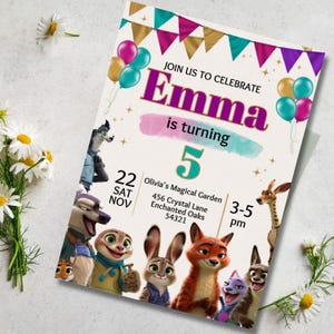 May include: A party invitation with the text "Join us to celebrate Emma is turning 5". The invitation features cartoon characters, balloons, and decorative banners. The date is November 22nd.