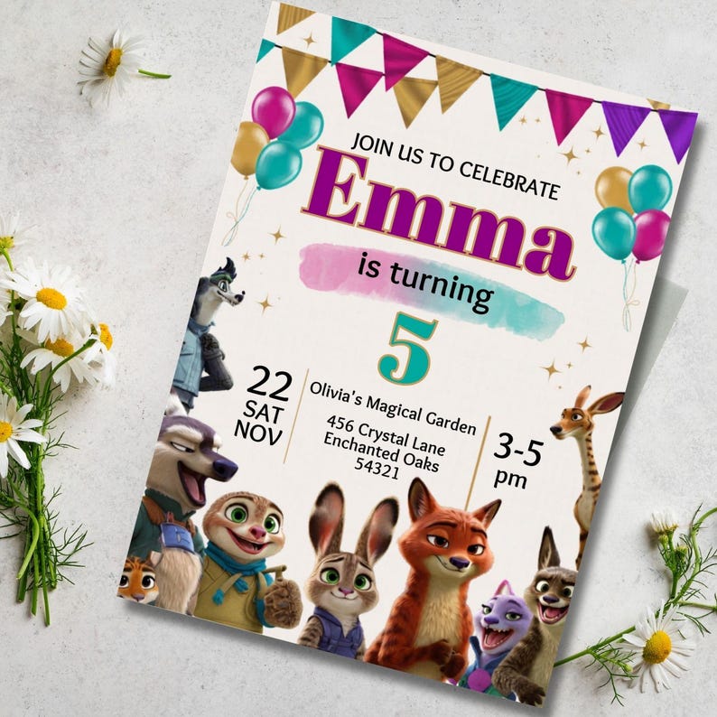 May include: A party invitation with the text "Join us to celebrate Emma is turning 5". The invitation features cartoon characters, balloons, and decorative banners. The date is November 22nd.