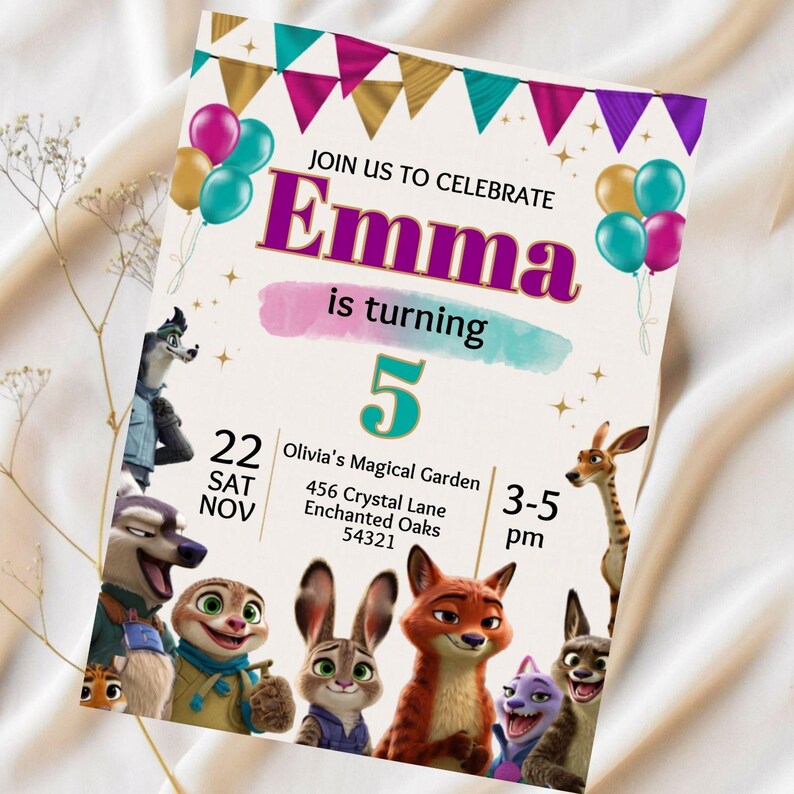 May include: A colorful invitation for Emma's 5th birthday party. The design features cartoon animal characters, balloons, and a banner. The invitation includes the date, time, and location: Olivia's Magical Garden.