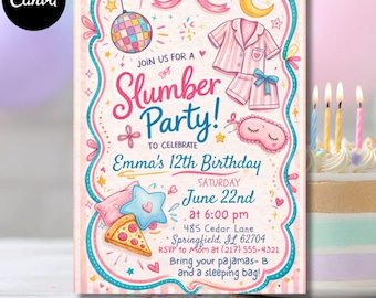 Slumber Party Birthday Invitation Template, Girls Sleepover Party Invite, Pastel Pink (Canva Editable)