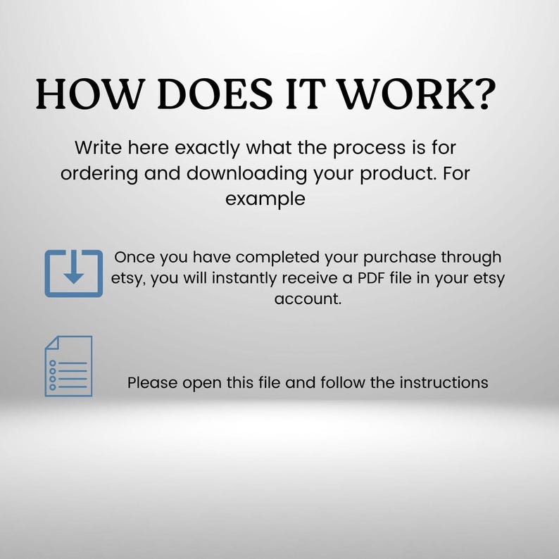 May include: A white graphic with the text "HOW DOES IT WORK?" and instructions for ordering and downloading a product. Includes a blue download icon and a document icon with instructions.