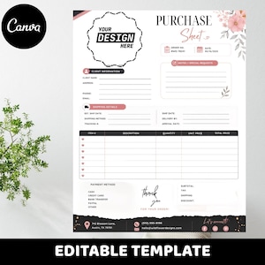 Peut inclure: Une fiche de commande blanche avec des accents floraux roses et du texte noir. Elle comprend des sections pour les informations client, les détails d'expédition, un tableau détaillé, les modes de paiement et une note de remerciement.