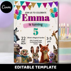 May include: A colorful birthday invitation template featuring the name "Emma" and the number "5". The design includes cartoon characters, balloons, and the text "Join us to celebrate". The words "Editable Template" are at the bottom.