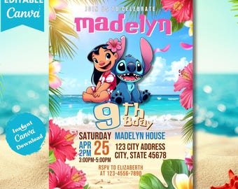 Stitch Birthday Invitation, Editable Canva Template (Digital Download)