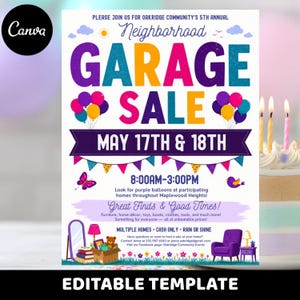 Könnte beinhalten: Ein weißer Flyer für den 5. jährlichen Nachbarschafts-Garagenverkauf der Oakridge Community am 17. und 18. Mai. Das Design zeigt bunten Text, Luftballons, Wimpelketten, einen Schmetterling und einen Vogel. Es enthält Veranstaltungsdetails, Kontaktinformationen und Illustrationen von Möbeln, einem Teddybären und einem violetten Sessel.