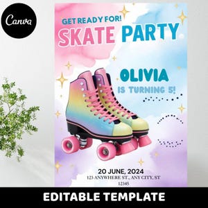Puede incluir: Una plantilla de invitación digital para una fiesta de patinaje con un par de patines de cuatro ruedas con purpurina de colores arcoíris. El texto dice GET READY FOR! SKATE PARTY, OLIVIA IS TURNING 5!, 20 JUNE, 2024, y 123 ANYWHERE ST., ANY CITY, ST 12345.