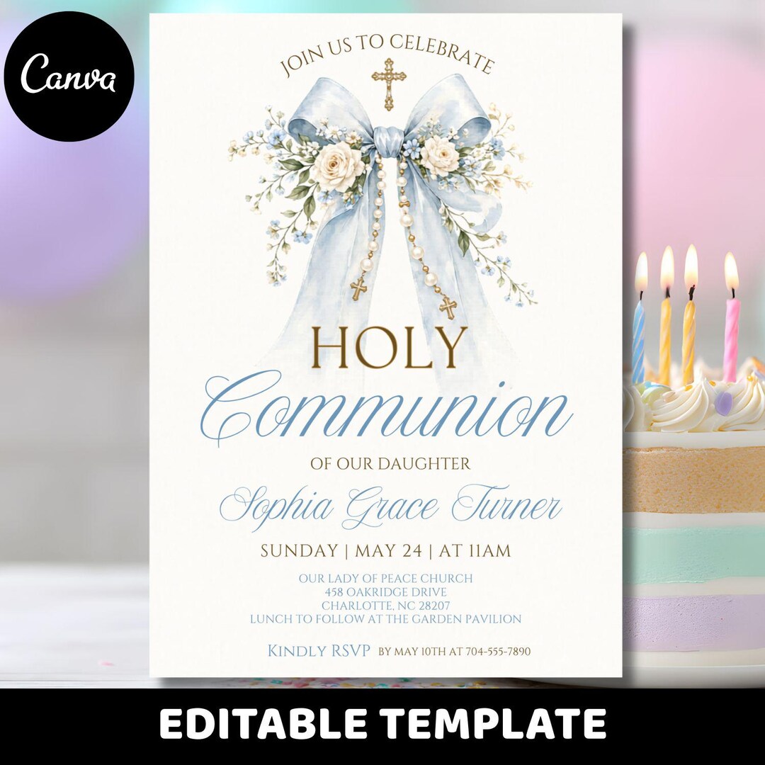 Bow First Holy Communion Invitation Template Watercolor Floral Coquette ...