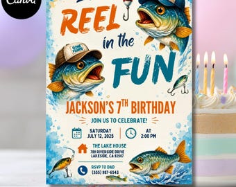 Invito di compleanno a tema pesca: modello Canva modificabile