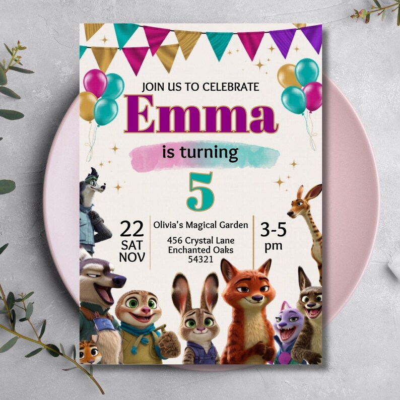 May include: A birthday party invitation with the name "Emma" in large purple letters. The invitation features cartoon animal characters, balloons, and the text "Join us to celebrate." The date, time, and location are also included.