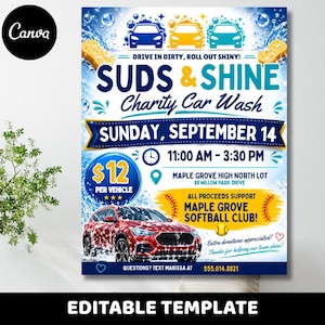 Op de afbeelding: Een flyer voor een liefdadigheidsautowasbeurt met een rode auto, blauwe en gele tekst en bellen. De tekst luidt: SUDS & SHINE Charity Car Wash, SUNDAY, SEPTEMBER 14, 11:00 AM - 3:30 PM, $12 PER VEHICLE, MAPLE GROVE HIGH NORTH LOT, 88 WILLOW PARK DRIVE.