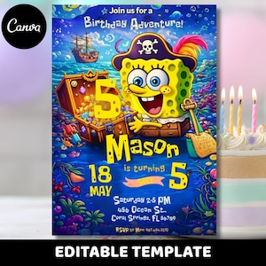May include: A vibrant birthday invitation featuring a cartoon character in a pirate hat. The design includes a treasure chest, a ship, and the text "Join us for a Birthday Adventure!" The invitation is for a 5th birthday.