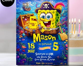 Sponge Cake Birthday Invitation Template, Pirate Adventure Party (Digital Download)