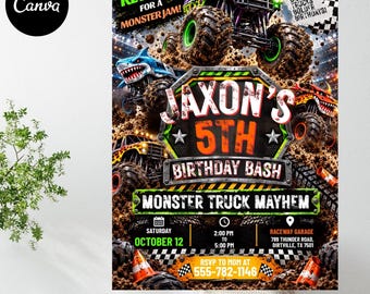 Monster Truck Birthday Invitation Editable Canva, Monster Jam Invite, Truck Party Invitation, Boy Birthday Evite, Digital Download