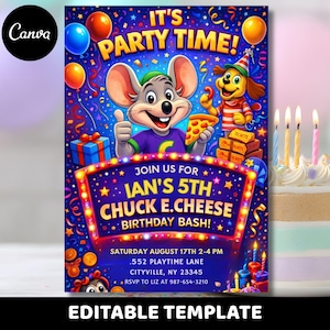 May include: A colorful birthday party invitation featuring Chuck E. Cheese characters, balloons, and confetti. The invitation reads "It's Party Time!" and includes details for Ian's 5th birthday bash, including the date, time, and location.