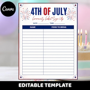May include: A white rectangular sign with a red and blue border featuring the text 4TH OF JULY Community Cookout Sign Up, with lines for date, time, name, and food to bring, decorated with red and blue firework illustrations in the corners.