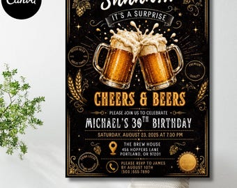 Cheers Beers Surprise Birthday Invitation, Editable Canva Template (Digital Download)