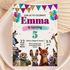May include: A colorful birthday invitation featuring the name "Emma" in purple, with the text "is turning 5." The invitation includes cartoon animal characters, balloons, and the date, time, and location of the party.