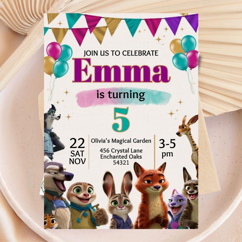 May include: A colorful birthday invitation featuring the name "Emma" in purple, with the text "is turning 5." The invitation includes cartoon animal characters, balloons, and the date, time, and location of the party.