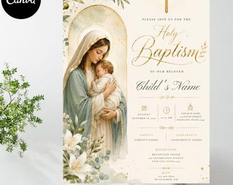 Spanischer Taufjunge, Virgen de Guadalupe Invitacione Bautizo Niño, Green Olive Gold Einladung EDITIERBAR Para Imprimir