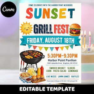 May include: A flyer template for a Sunset Grill Fest on Friday, August 18th, from 5:30 PM to 9:30 PM at Harbor Point Pavilion. The design features a cartoon sun, a hamburger, a charcoal grill with food, and text listing menu items and activities.