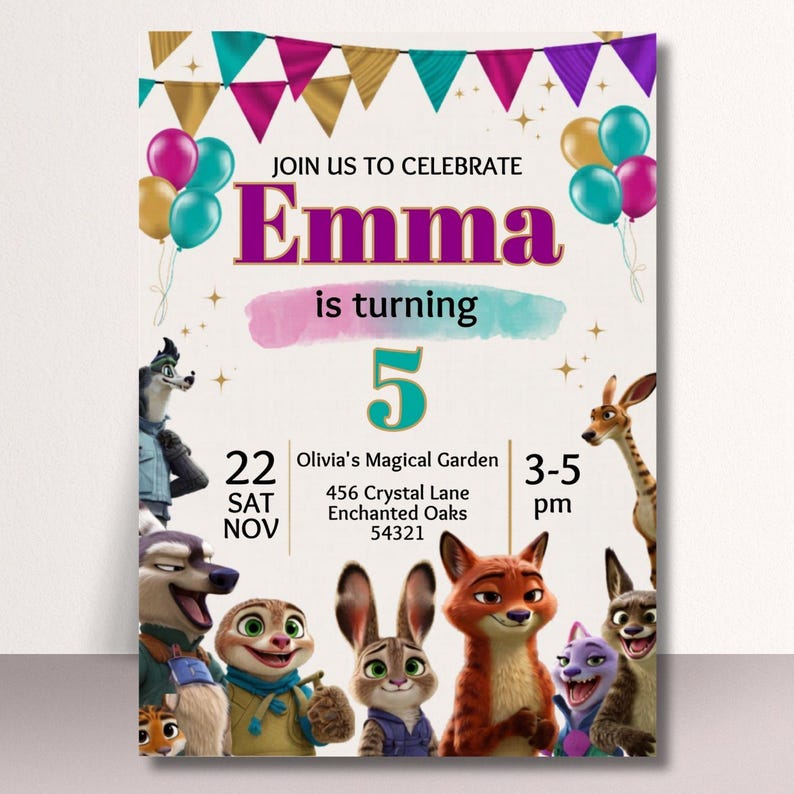 May include: A colorful birthday party invitation featuring the name "Emma" in purple, with the number "5" and the text "Join us to celebrate." The invitation includes cartoon animal characters and party details.