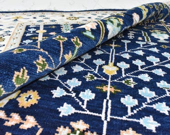 Hand Knotted Navy Blue Floral Wool Rug, Traditional Persian Style Carpet