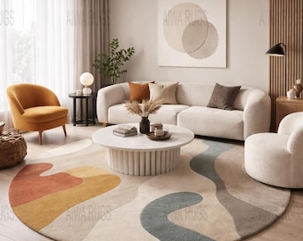 Hand Tufted Abstract Round Rug 6ft Modern Neutral Area Rug Organic Shape Wool Carpet Minimalist Living Room Decor Custom Handmade Rug