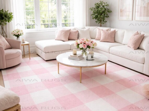Rosa Teppich im Karomuster - Gingham Teppich für Wohnzimmer, Schlafzimmer & Kinderzimmer