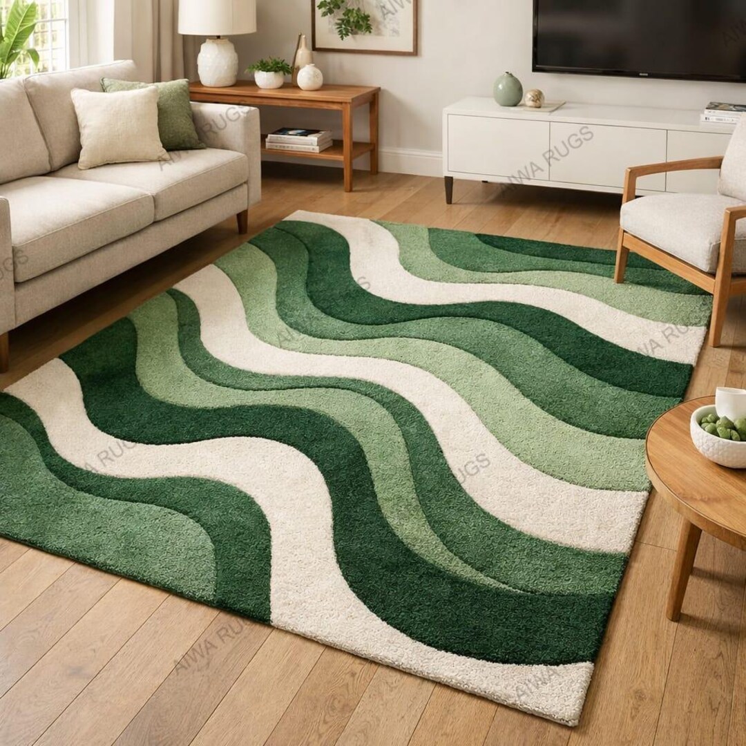 Hand Tufted Green Area Rug Large Size, Modern Wavy Abstract Rug, Luxury ...