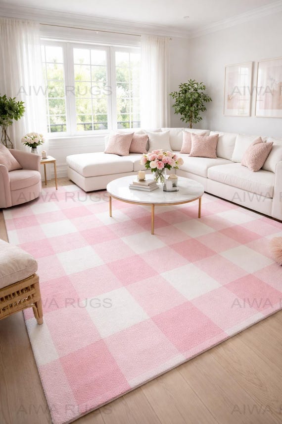 Rosa Teppich im Karomuster - Gingham Teppich für Wohnzimmer, Schlafzimmer & Kinderzimmer