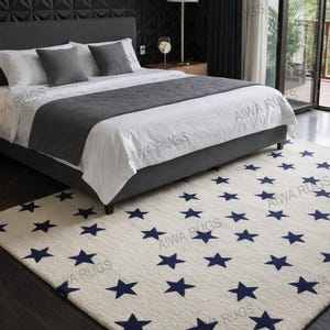 Hand Tufted Star Pattern Rug, Modern Cream Blue Area Rug, Large Bedroom Rug, Minimalist Nursery Rug, Soft Wool Carpet, Custom Size Rug