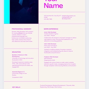 May include: A resume template with a modern design. The top section features the name in a large, pink font. The document is divided into sections for professional summary, work experience, education, and key skills. Contact information is included.