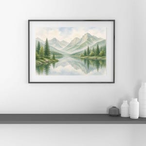Whispering Pines Watercolor Landscape Print, Mountain Lake Wall Art, Pine Forest Decor, Printable Download