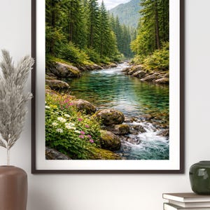 May include: A framed print depicts a clear river winding through a verdant forest. The water mirrors the trees and sky. Rocks and colourful wildflowers adorn the riverbanks, creating a tranquil and natural scene.